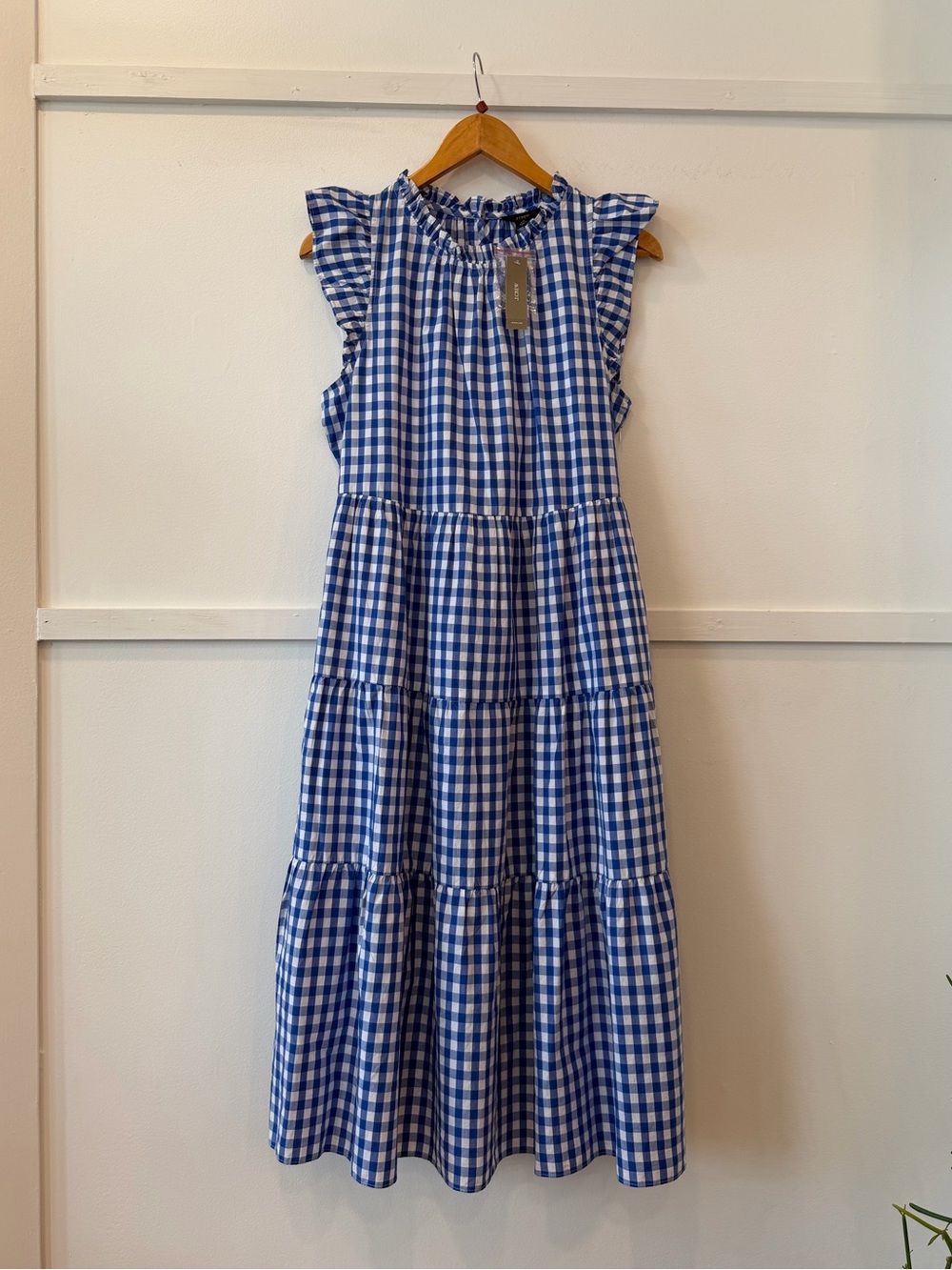 J.CREW NWT Blue and White Gingham Tiered Midi Dress Size LP